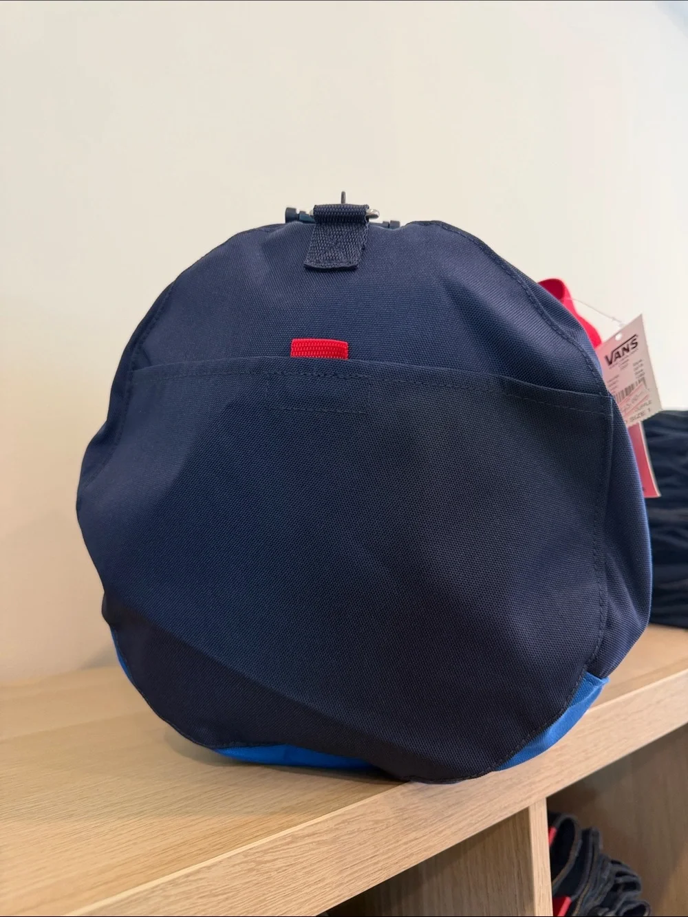 Vans Navy Duffel with Red Straps and Blue Trim